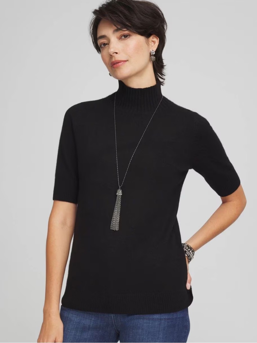 Chico's Black 100% Cashmere Elbow-Sleeve Mock Neck Sweater L